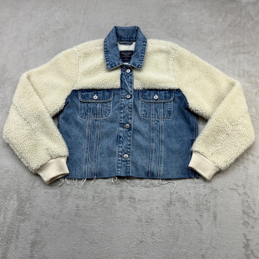 Abercrombie & Fitch Denim Jacket Womens L Blue Faux Fur Mixed Media Frayed Borg